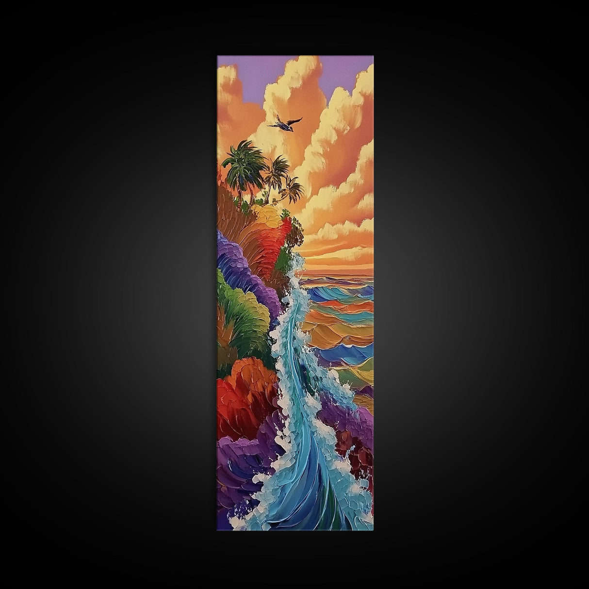 Rainbow Cliff, Ocean Waves, Sunset Coast, Framed Canvas Print, tropical beach decor, vibrant boho wall art, coastal entryway painting