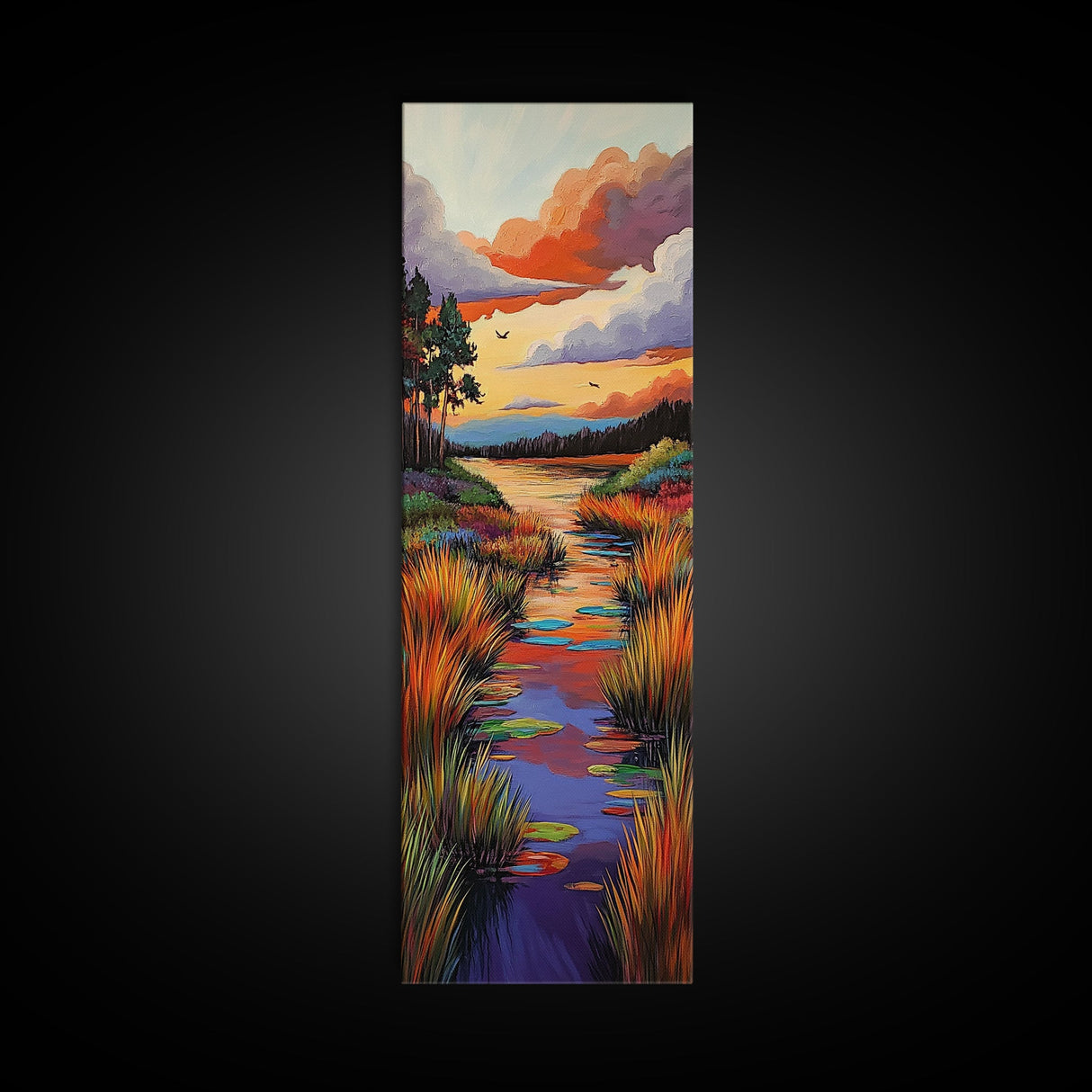 Autumn, River, Sunset, Painting, Framed Canvas Print of colorful river marsh landscape, Fall wall decor, rustic living room boho art