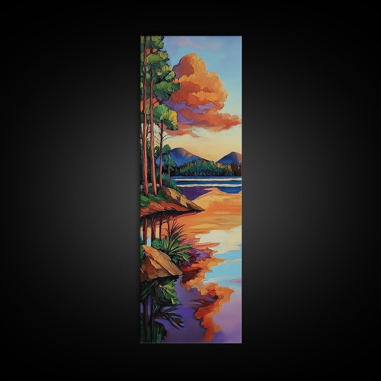 Lake, Pines, Sunset, Art, Framed Canvas Print of forest lakeside at golden hour, tranquil nature art, cozy cabin wall decor, Fall vibes