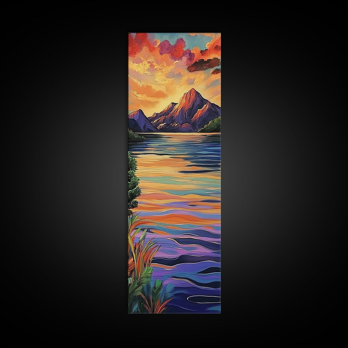 Sunset, Mountain, Reflection, Lake, Framed Canvas Print with vibrant water, dramatic skies, boho living room wall art, nature lover gift