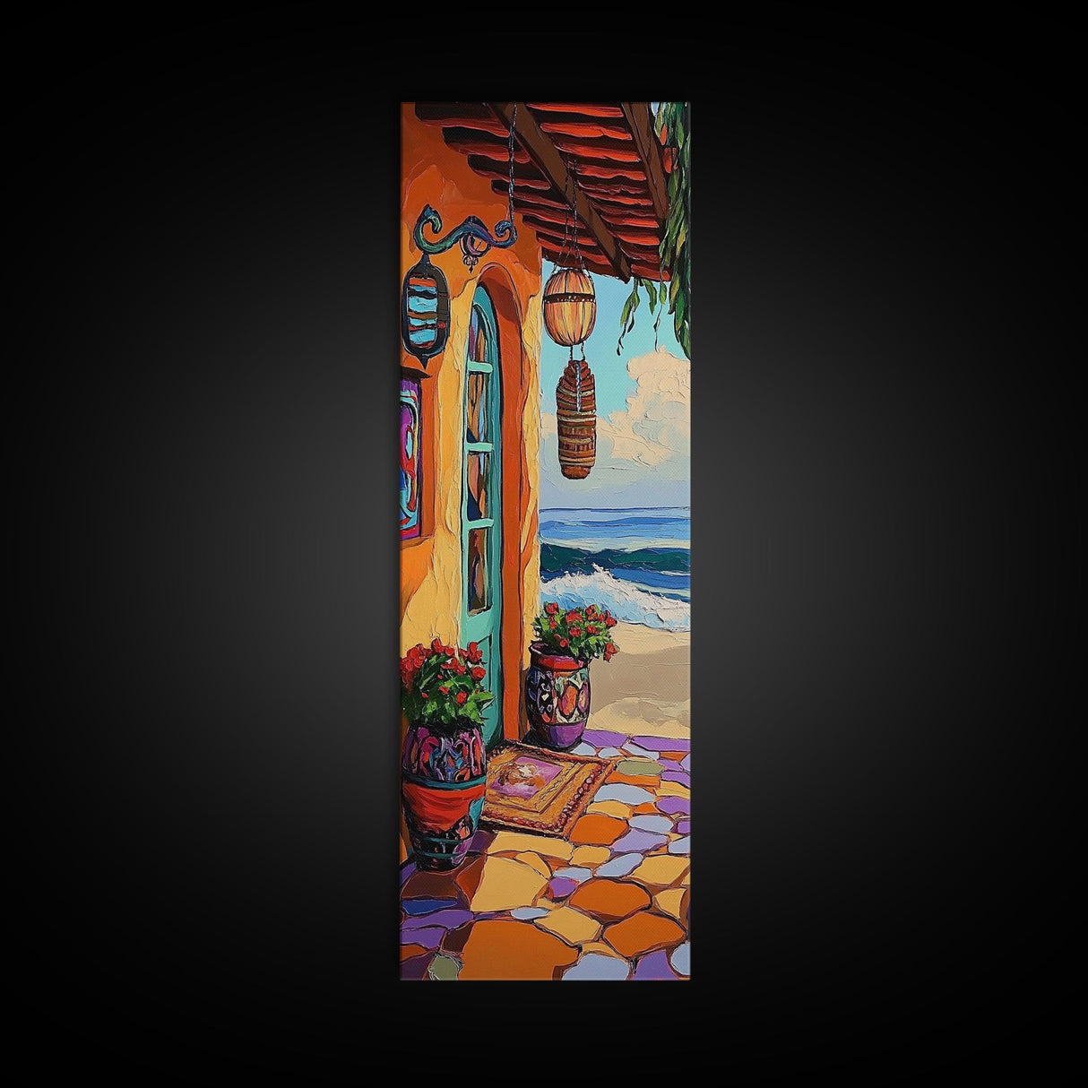 Porch, Beach, Pottery, Ocean, Canvas Print, Coastal Kitchen Wall Art, Warm Beachfront Decor, Vibrant Boho Mexican Style