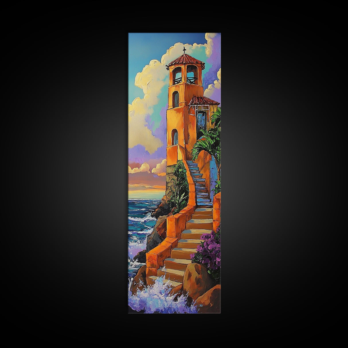 Tower, Steps, Ocean, Chapel, Framed Canvas Print, Vibrant Seaside Wall Art, Entryway Decor, Coastal Sunset Scene