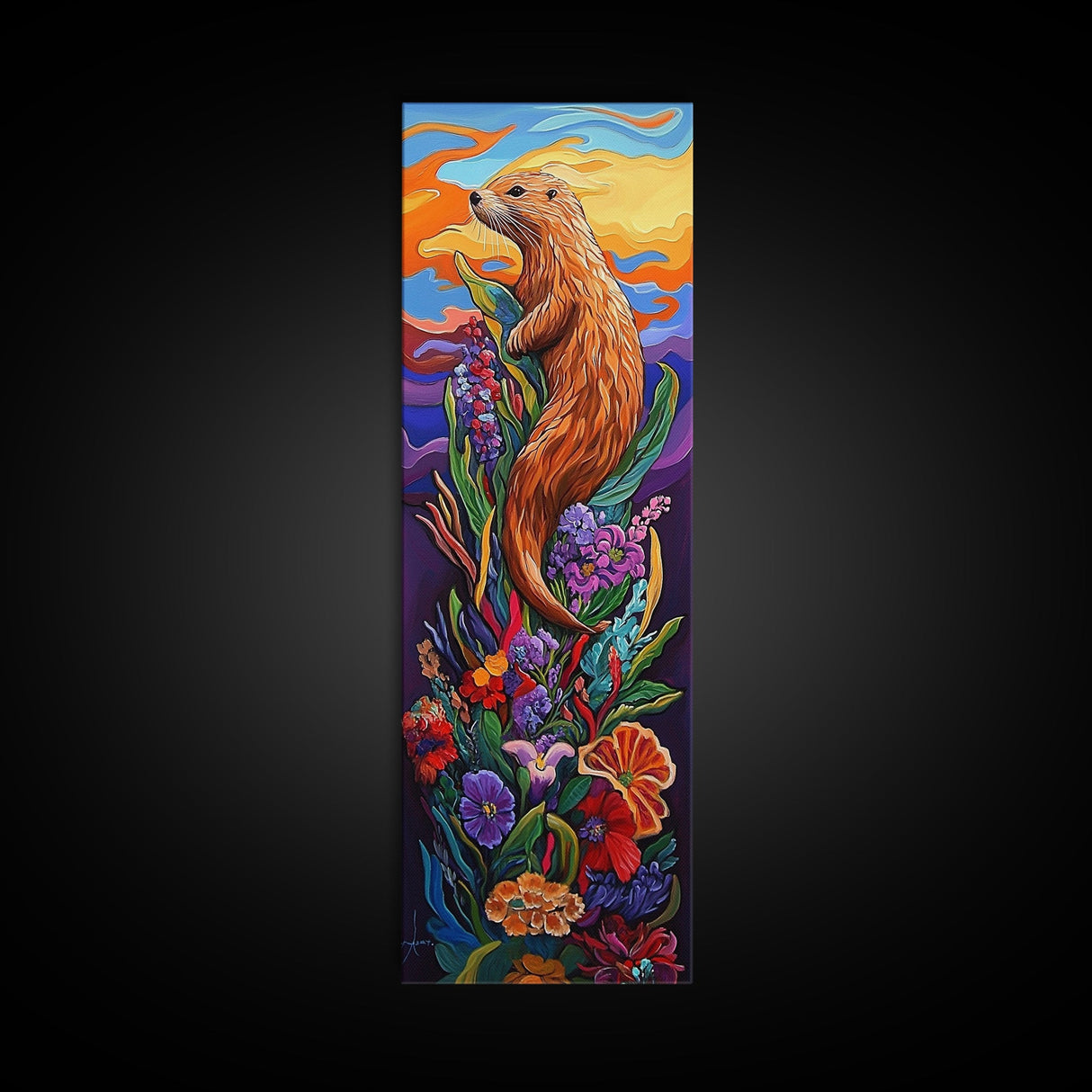 Otter, Flowers, Fantasy, Wildlife, Framed Canvas Print, Whimsical animal art in vibrant palette, ideal Nursery Art or Nature Lover Decor
