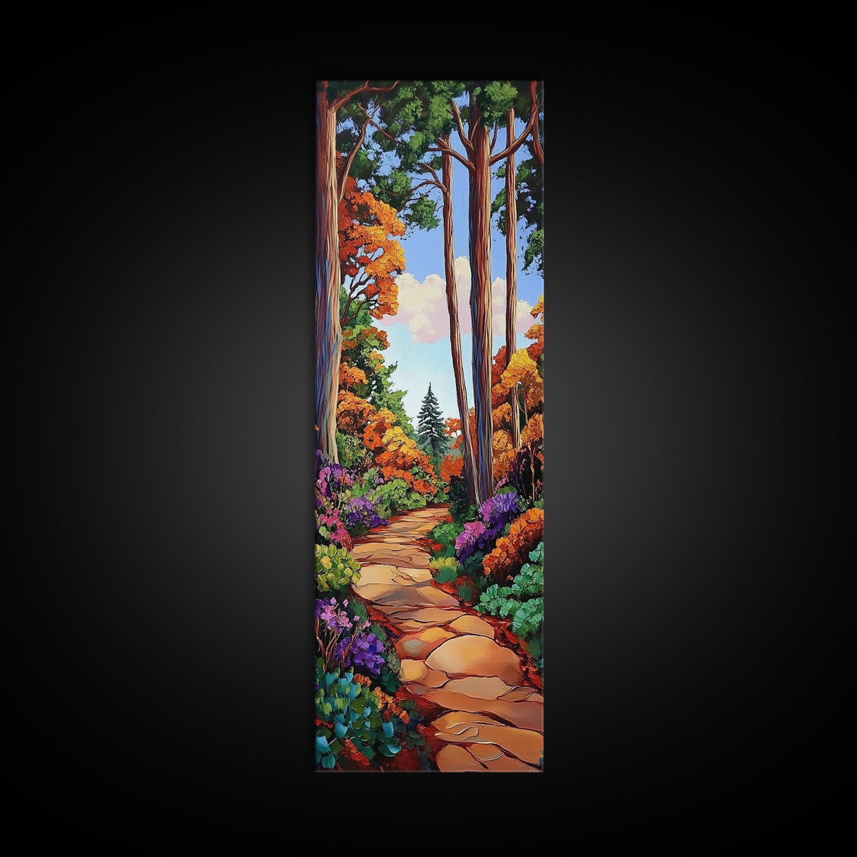 Autumn, Pathway, Forest, Trees, Framed Canvas Print, Fall foliage art in impressionist style, perfect Entryway Wall Art or Seasonal Home Decor