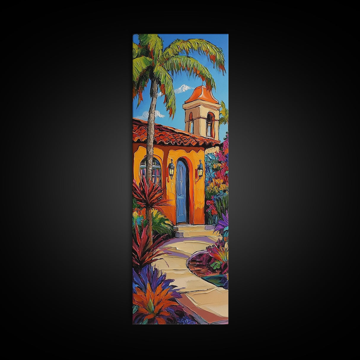 Spanish Villa, Garden, Tropical House Framed Canvas Print, Southwestern Wall Decor, Vibrant Living Room Art, Colorful Home Scene