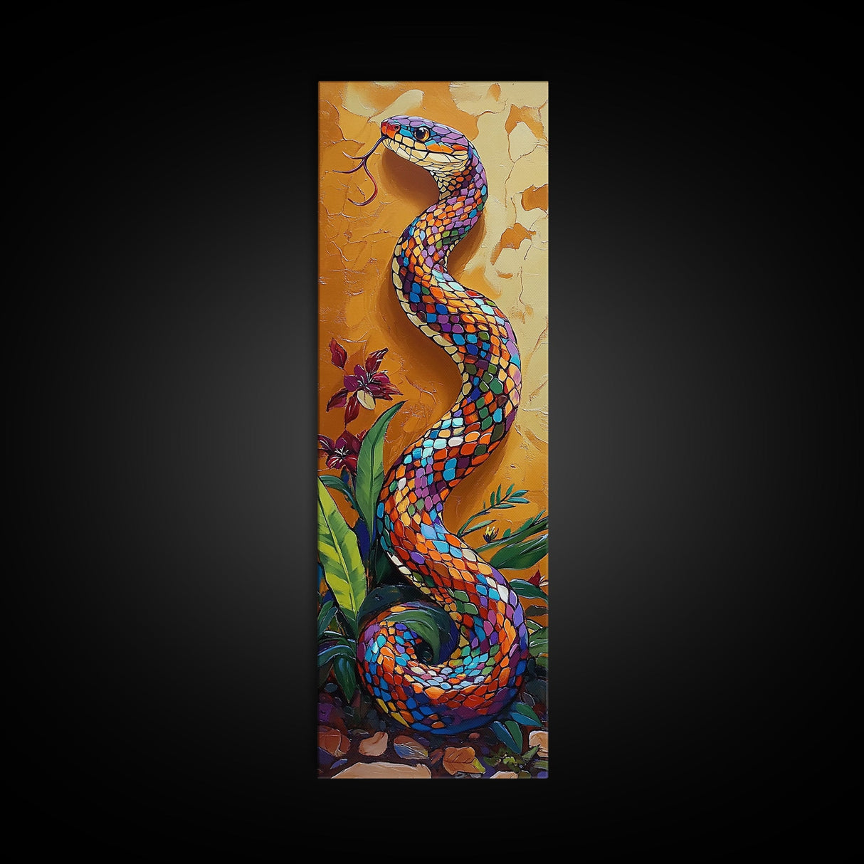 Colorful,Snake, Garden, Bold Mosaic Serpent Framed Canvas Print, Bohemian Wall Art, Unique Nature Decor, Southwestern Living Room