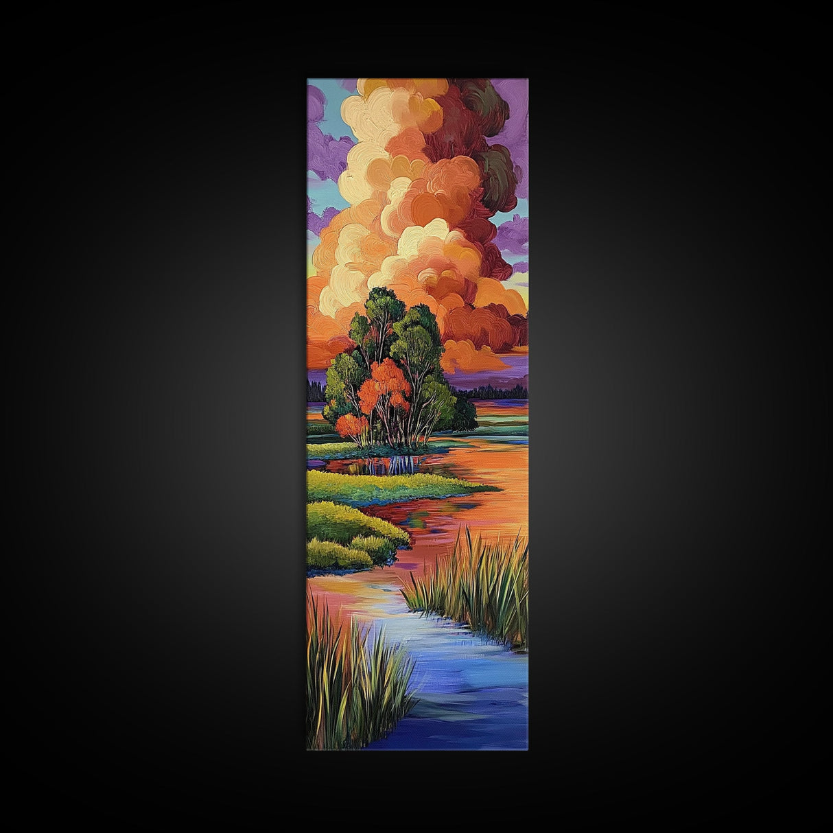 Autumn Marsh, Sunset Glow, Serene Trees, Framed Canvas Print, warm fall landscape art, peaceful country home decor, boho wall design