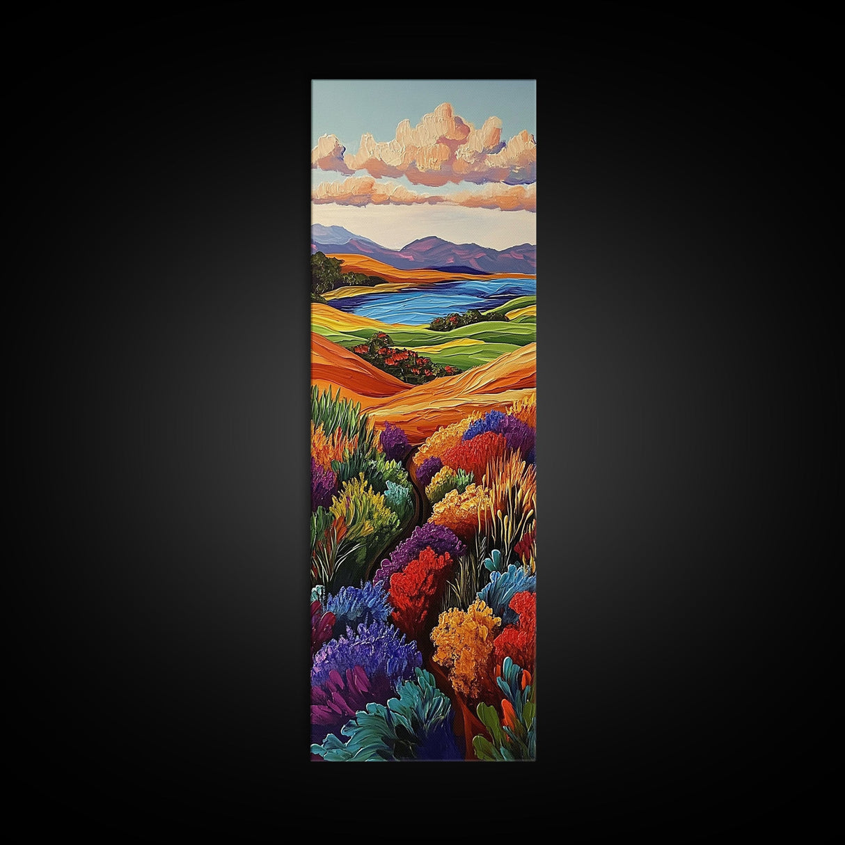 Wildflower Valley, Hillside, Sunset – Canvas Print fall landscape, boho decor, living room wall art, colorful nature art, autumn painting
