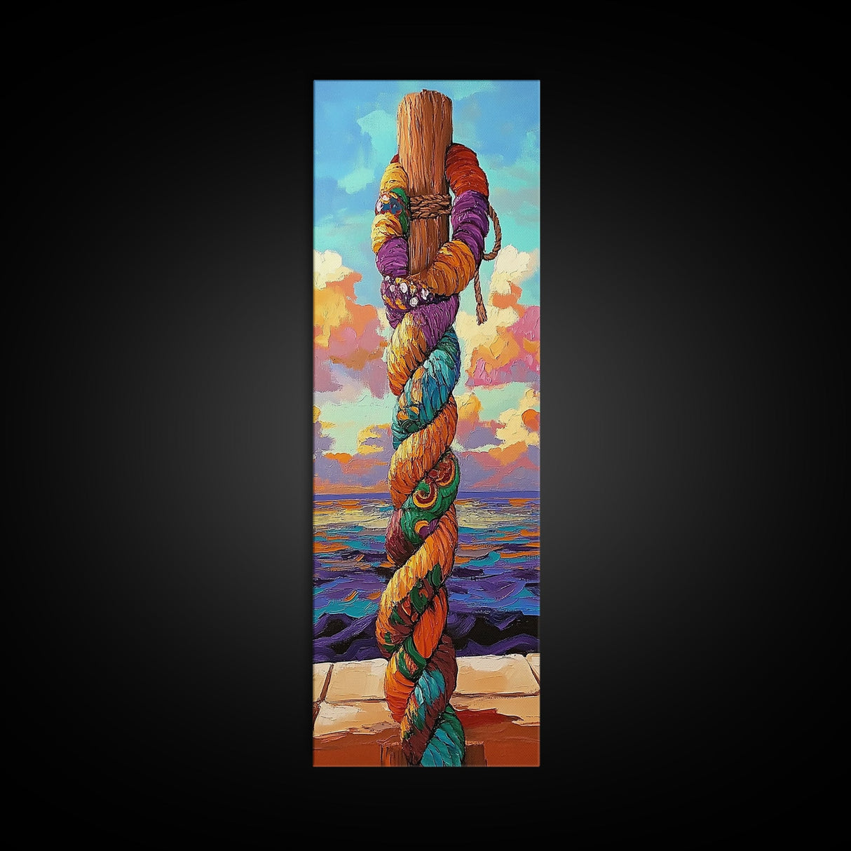 Nautical Rope, Pier, Art – Framed Canvas Print beach house decor, coastal rope wall art, nautical theme, vibrant colors, bathroom wall art