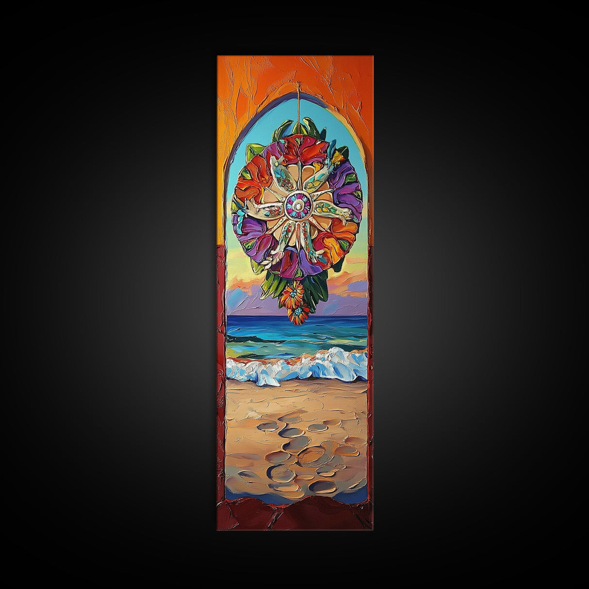 Sunset Beach, Mandala, Coastal Archway Framed Canvas Print, Boho Ocean Wall Art, Vibrant Entryway Decor, Spiritual Coastal Style