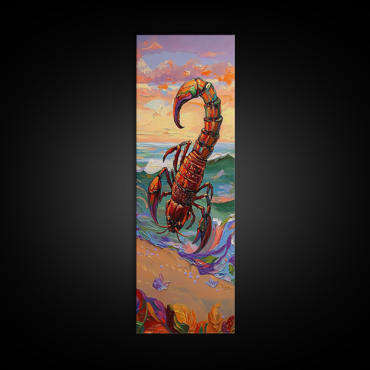 Scorpion Ocean, Sunset, Framed Canvas Print, Bold Coastal Wall Art, Beach Bedroom Decor, Vibrant Nautical Style, Surreal Animal Artwork