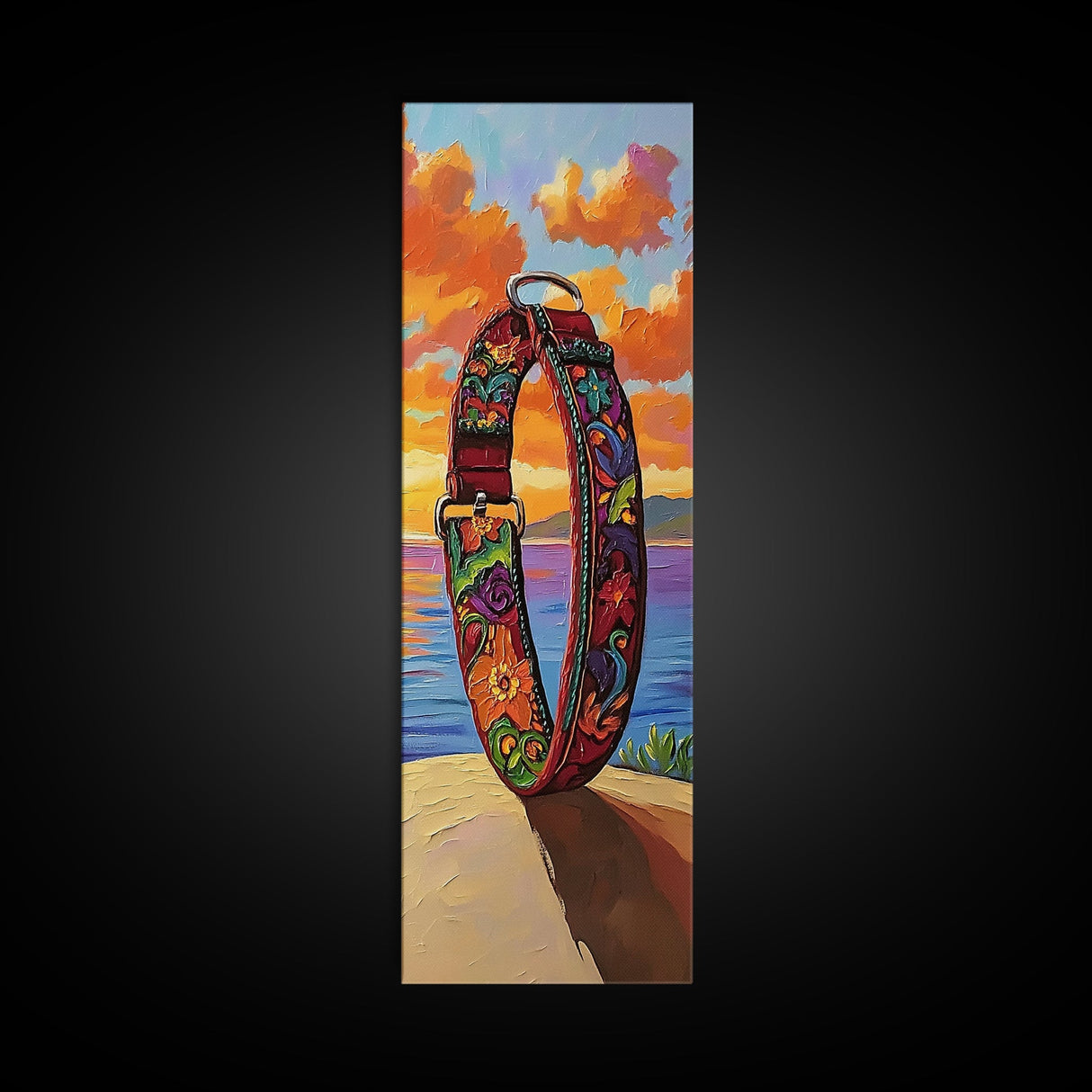 Dog Collar, Sunset, Framed Canvas Print, Colorful dog collar painting at beach sunset, pet lover gift, eclectic decor, mudroom wall art