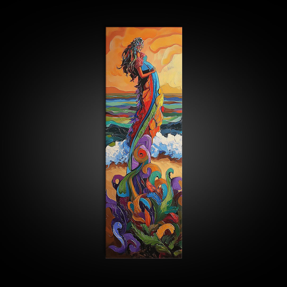 Mother Ocean, Rainbow, Canvas Print, Colorful mother nature figure by ocean painting, whimsical spiritual art, meditation room wall art