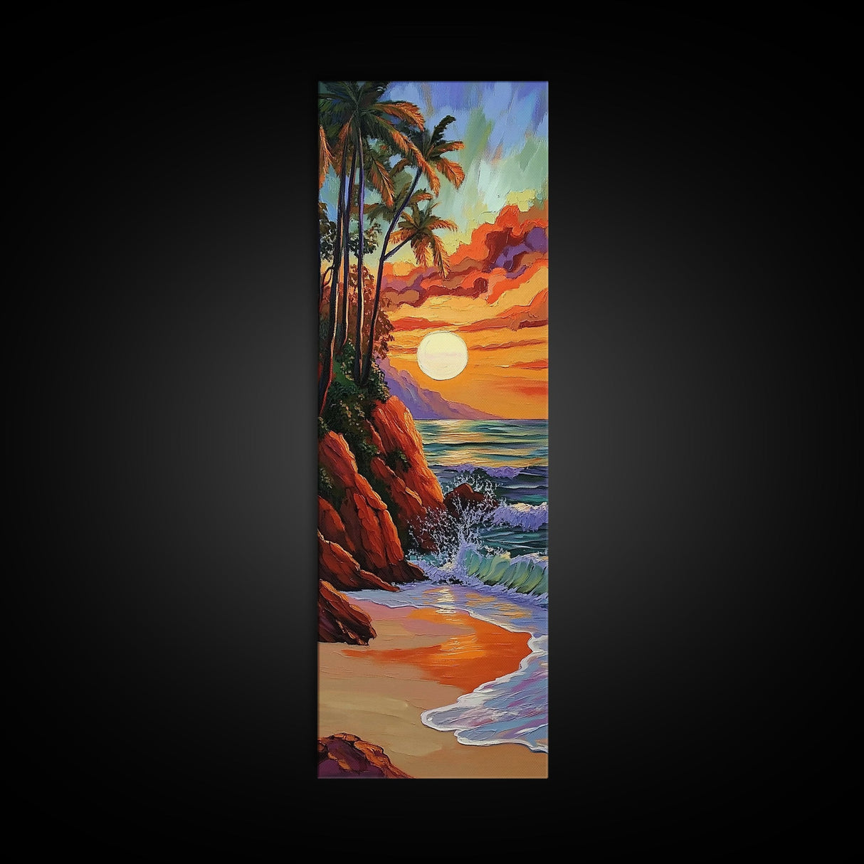 Tropical Sunset, Palms, Beach Framed Canvas Print vibrant tropical sunset scene, palm tree ocean art, vacation vibes, hallway wall print