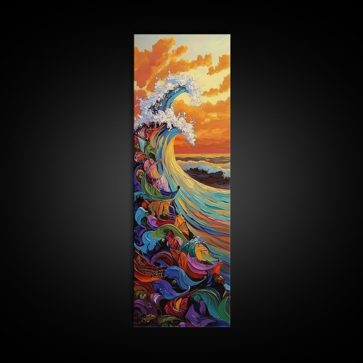 Ocean Wave, Sunset, Splash - Framed Canvas Print coastal wall art, colorful seascape decor, vibrant wave art, living room beach painting