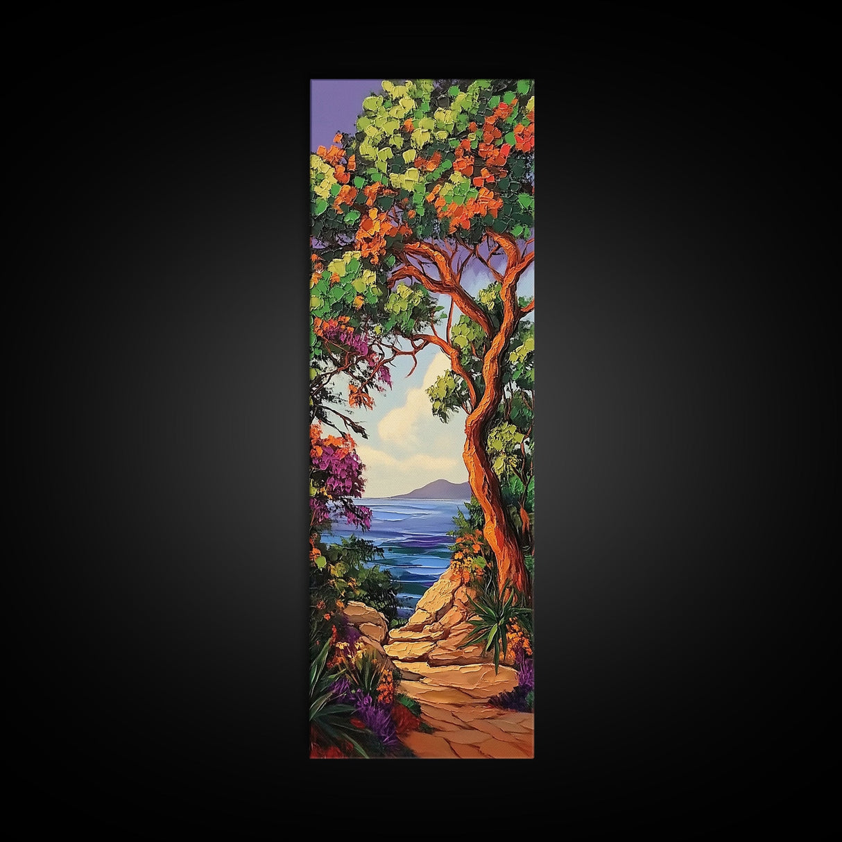 Coastal Trail,Trees,Escape — Framed Canvas Print, tropical coastal decor, beachside nature wall art, entryway or hallway boho painting