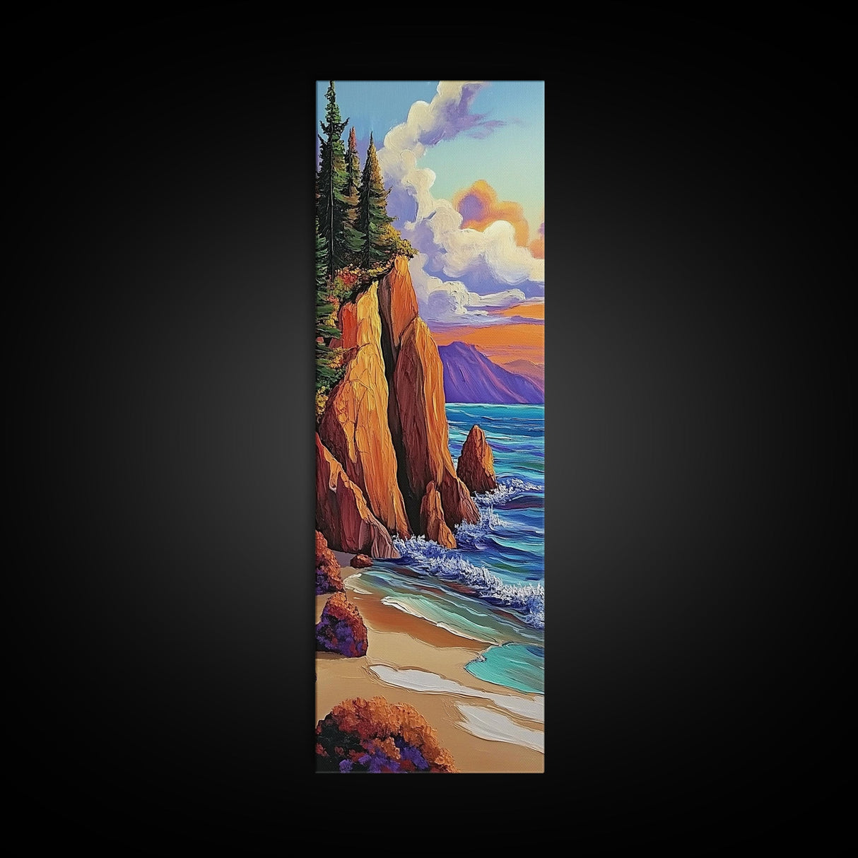 Rocky Coast, Ocean Cliffs, Sunset Mountain Seascape, Framed Canvas Print, Nature Landscape Wall Art, Fall Living Room Wilderness Decor