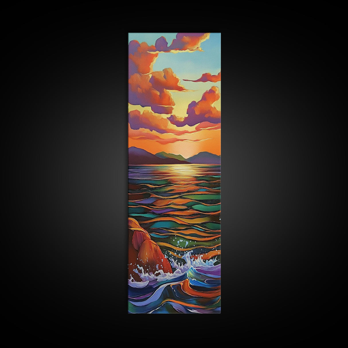 Sunset Ocean Serenity Horizon – Tranquil Coastal Wall Art, Vibrant Color Seascape, Framed Canvas Print, Bedroom or Bathroom Art