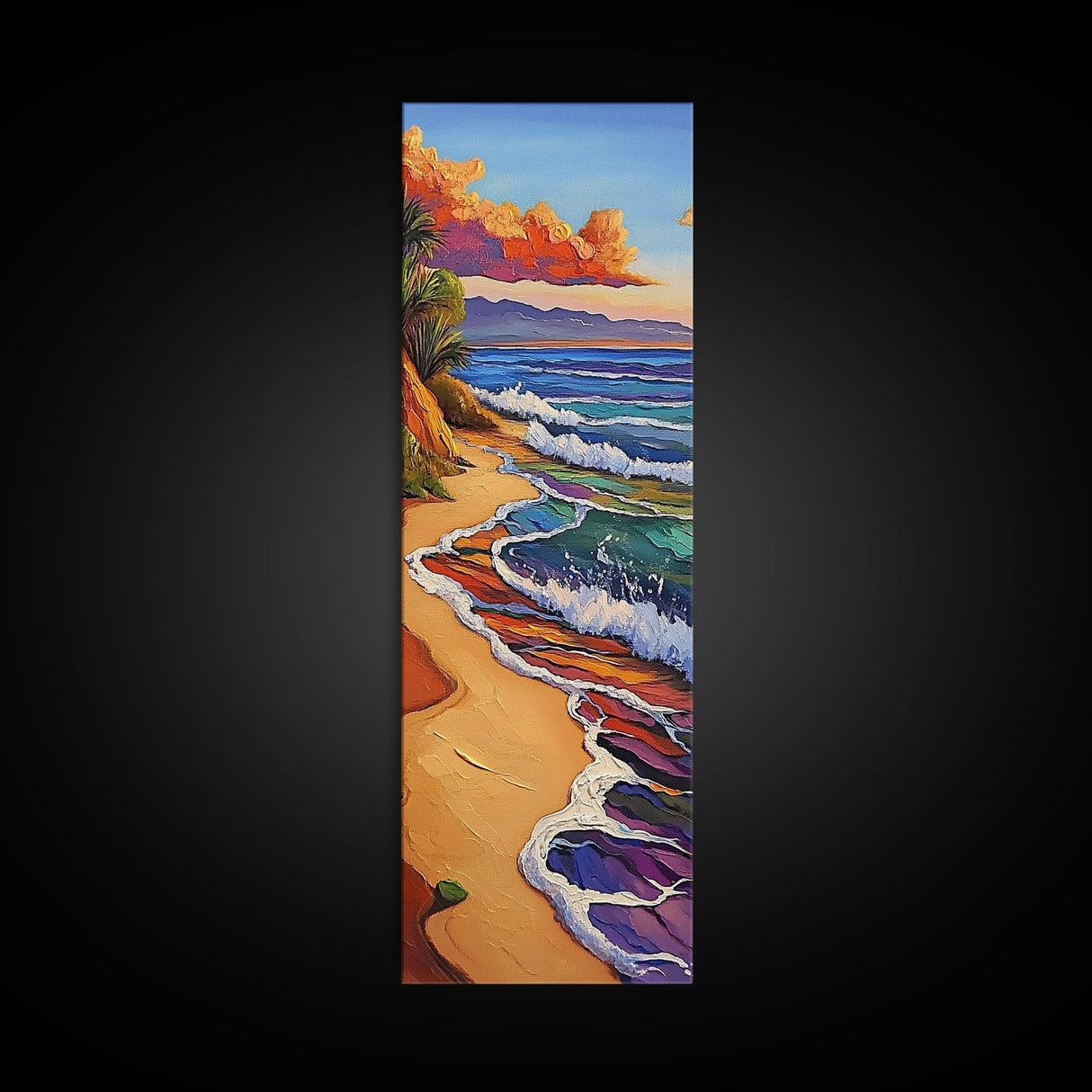 Rainbow Beach, Shoreline, Waves, Framed Canvas Print, abstract seascape, boho coastal art, modern living room beach wall decor