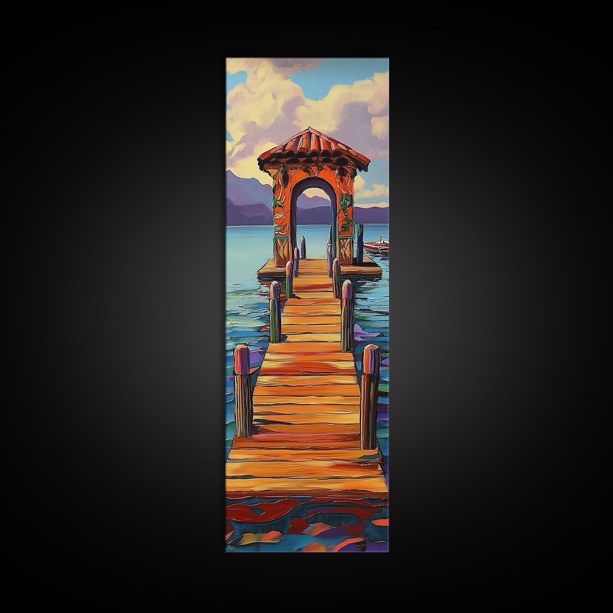 Colorful Pier, Archway, Water — Framed Canvas Print of a vibrant pier scene, coastal wall art, boho lake house decor, office accent