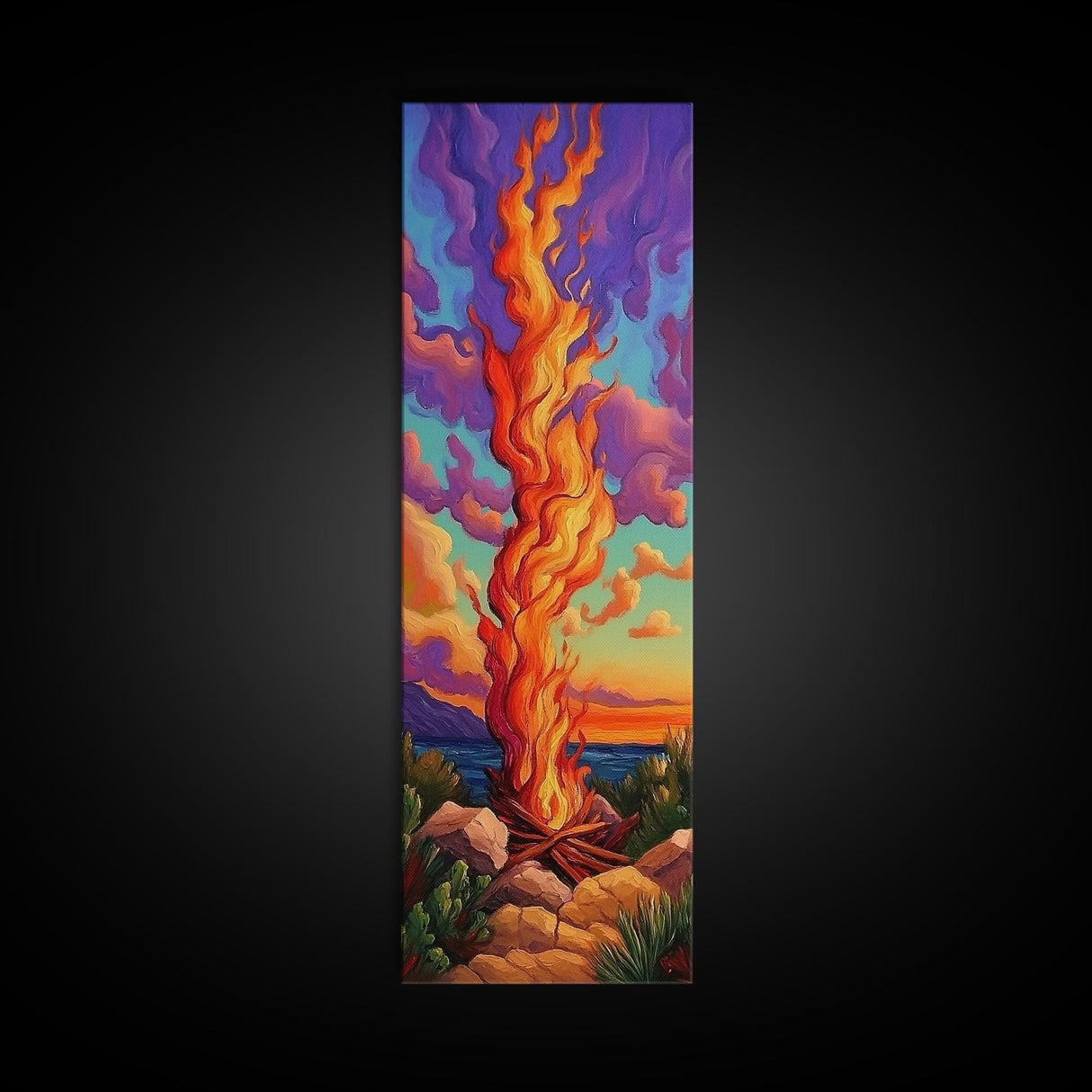Fire Dusk, Mountains Vibrant – Scenic Bonfire Painting, Vibrant Nature Decor, Framed Canvas Print, Autumn Outdoor Living Room Art