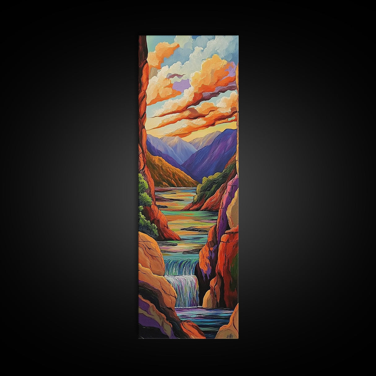 Canyon Sunset, Waterfall Calm, Framed Canvas Print, dramatic mountain wall art, nature inspired living room decor, colorful scenic landscape