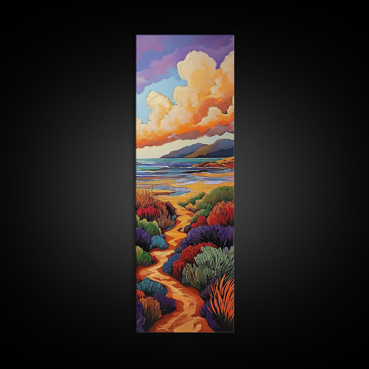 Beach Trail, Colorful Dunes, Seaside Nature, Framed Canvas Print, vibrant coastal landscape painting, tropical home wall art, bedroom art