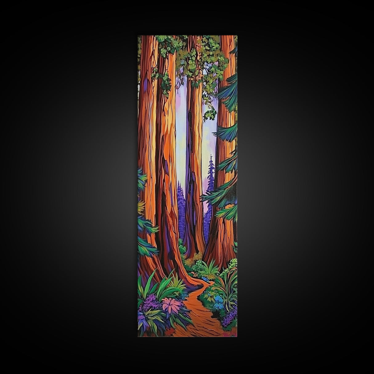 Redwood Forest, Pathway, Serenity - Framed Canvas Print, majestic tall trees art, calming woodland wall décor, rustic cabin or den decor