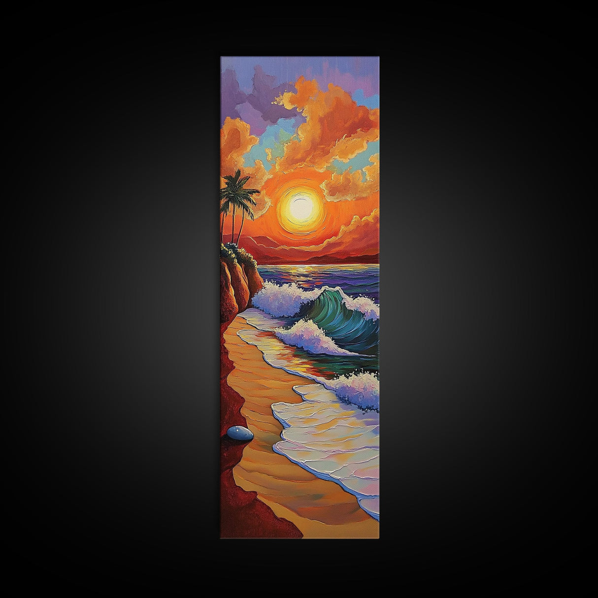 Sunset Beach, Waves, Tropical - Canvas Print, vibrant coastal sunset art, island boho decor, beach house or living room wall statement piece