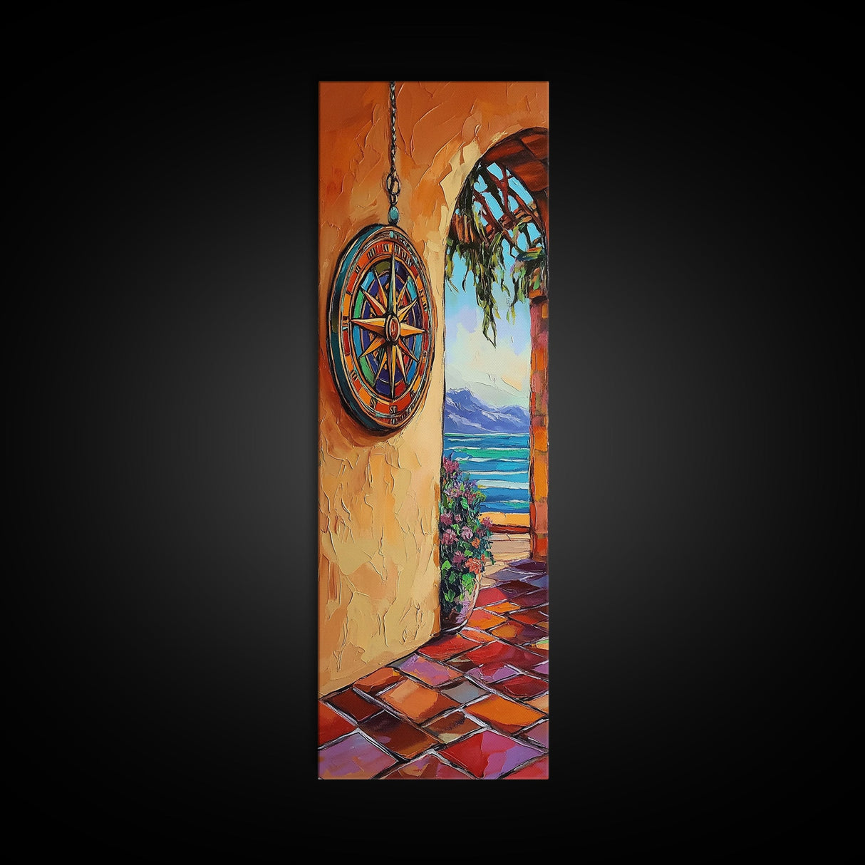 Coastal Compass, Archway View, Framed Canvas Print, Mediterranean boho home decor, nautical hallway wall art, vibrant beach escape