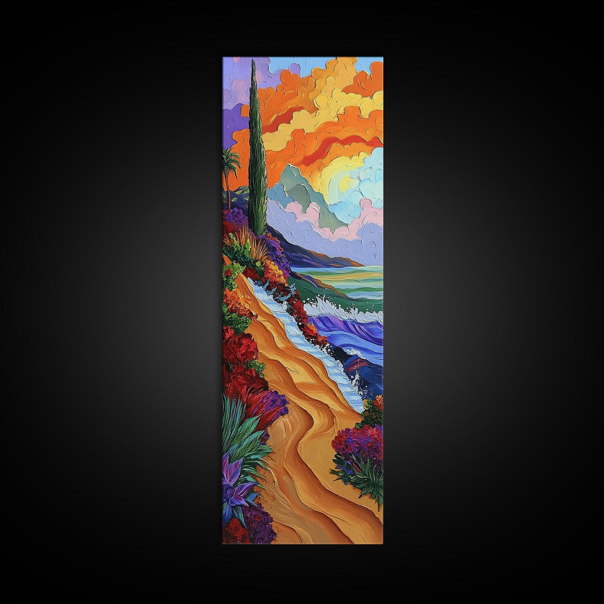 Sunset Beach, Garden, Path, Canvas Print, Autumn coastal art, bold floral landscape painting, entryway wall decor, seaside home accent