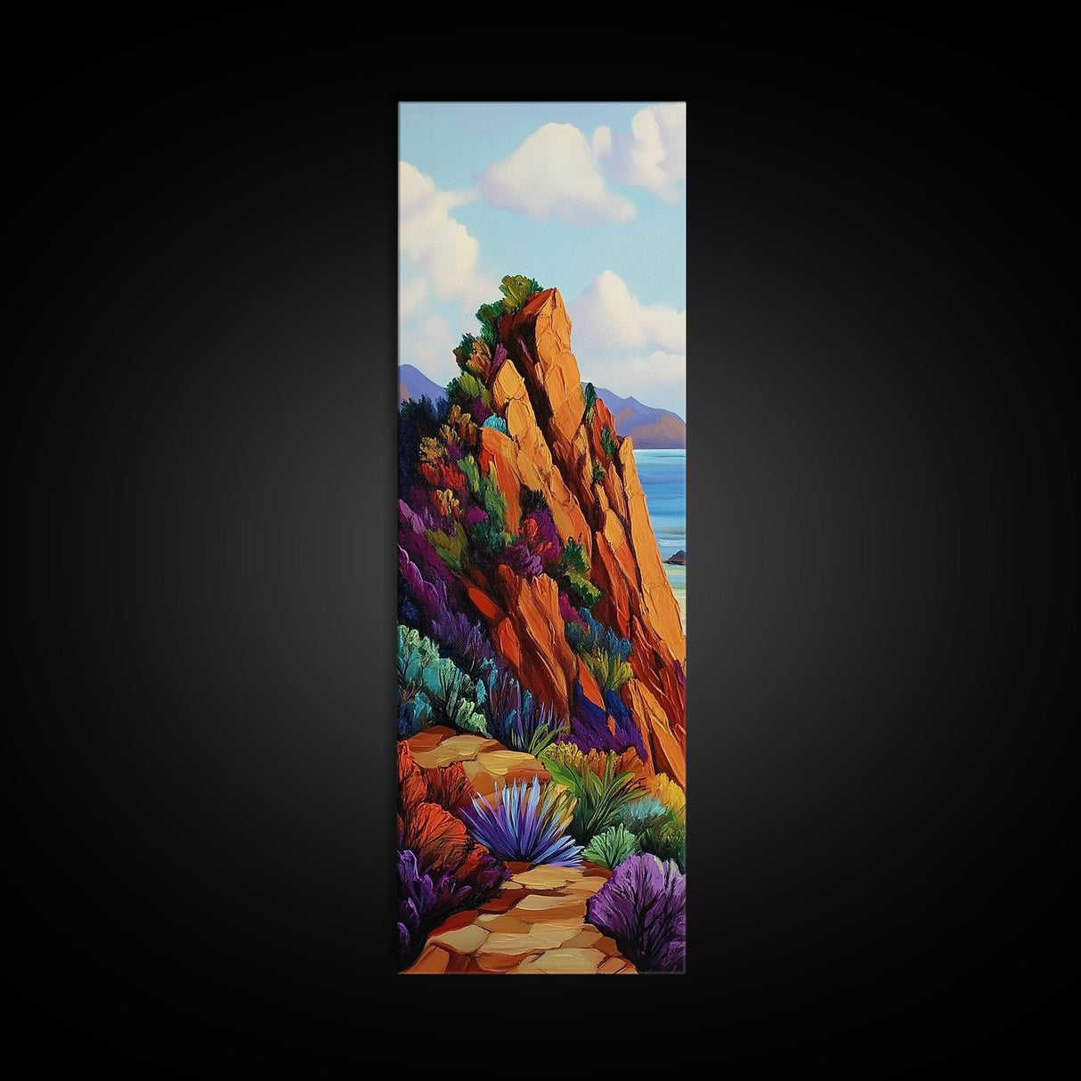 Cliff Trail, Seaside, Vista, Framed Canvas Print, nature hiking trail painting, boho wall decor, mountain sea view artwork, living room print
