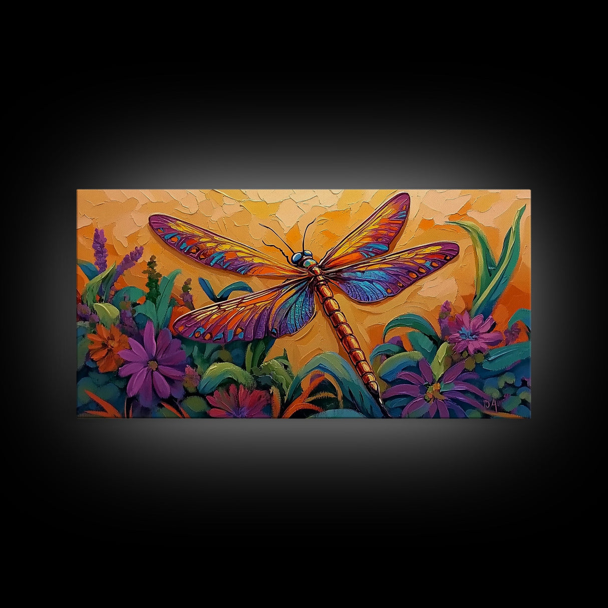 Dragonfly Garden, Sunset, Colorful Nature Canvas Print, Vibrant Insect Wall Decor, Boho Art Bedroom Accent, Summer Style