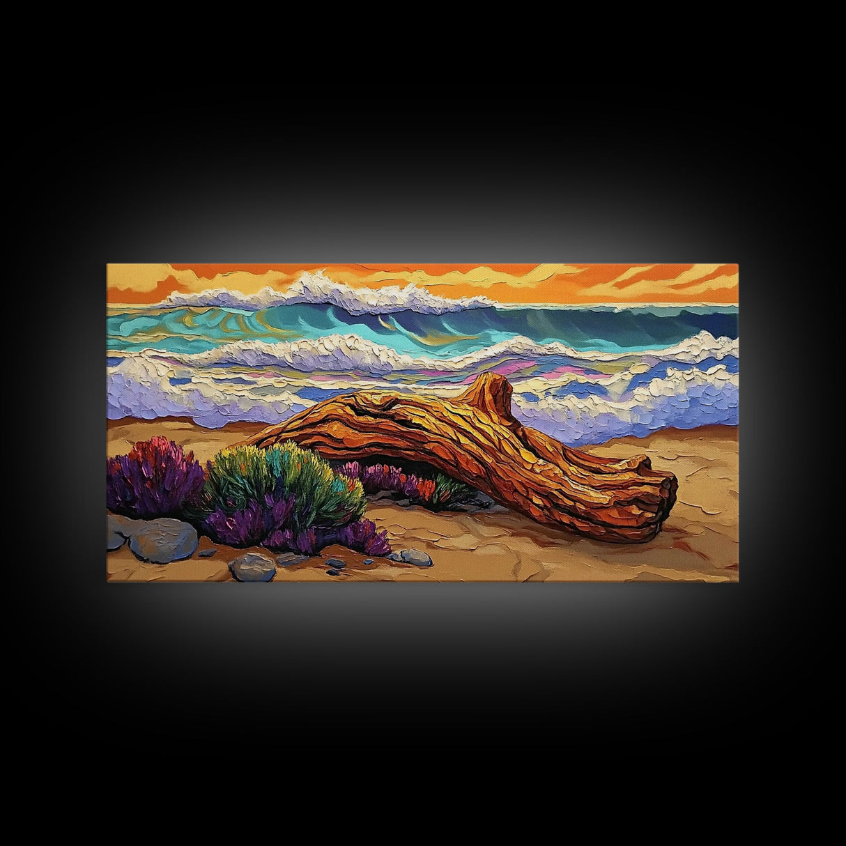 Coastal Driftwood, Waves, Sunset, Framed Canvas Print, ocean beach decor, colorful seascape, tropical wall art, living room wall art