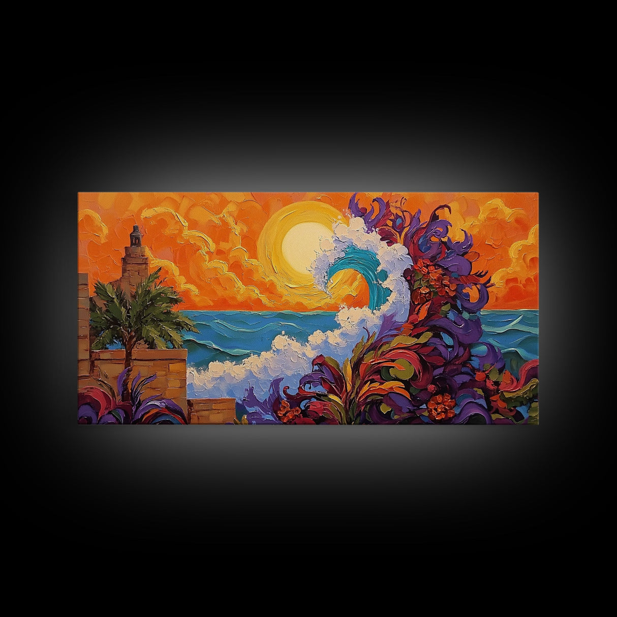 Ocean Wave, Sunset, Lighthouse, Framed Canvas Print vibrant coastal art, whimsical seascape painting, tropical decor, beach wall art