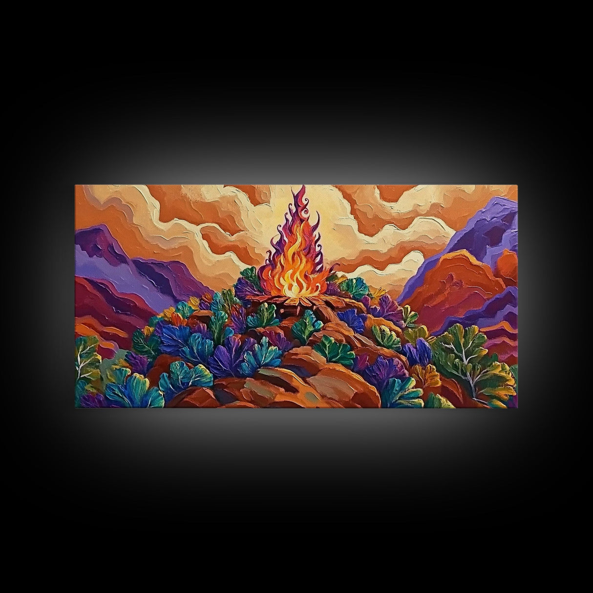 Campfire, Mountains, Glow, Vibrant campfire scene with colorful mountains and plants, Framed Canvas Print, rustic cabin wall art