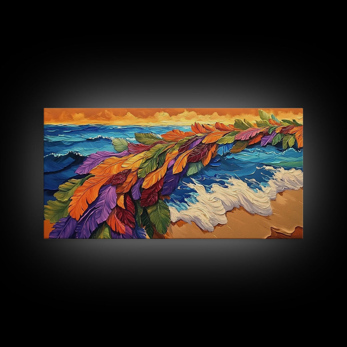 Feathers, Ocean, Sunset, Vibes, Framed Canvas Print, Bold beach decor, coastal boho wall art, tropical living room statement piece