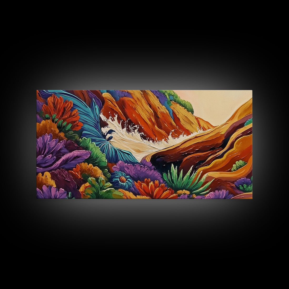 Rocky Wave Crash, Bold Ocean Splash, Coastal Nature Art, Framed Canvas Print, Vibrant Bathroom Decor, Colorful Beach Scene