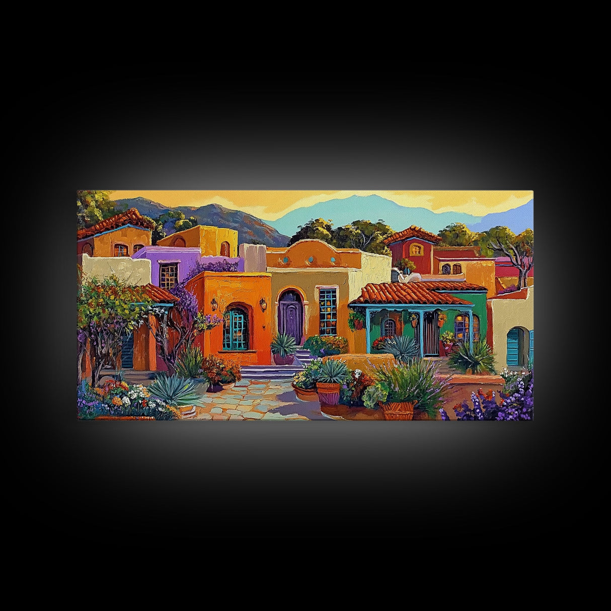 Colorful Adobe Homes, Desert Village Scene, Southwest Art Style, Canvas Print, Boho Wall Decor, Vibrant Courtyard Painting