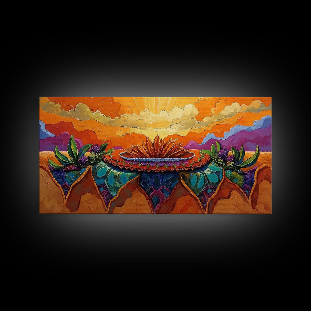 Sunrise Desert, Bloom, Canvas Print, Vibrant desert sunrise painting, boho southwestern art, Bedroom Wall Art, botanical decor
