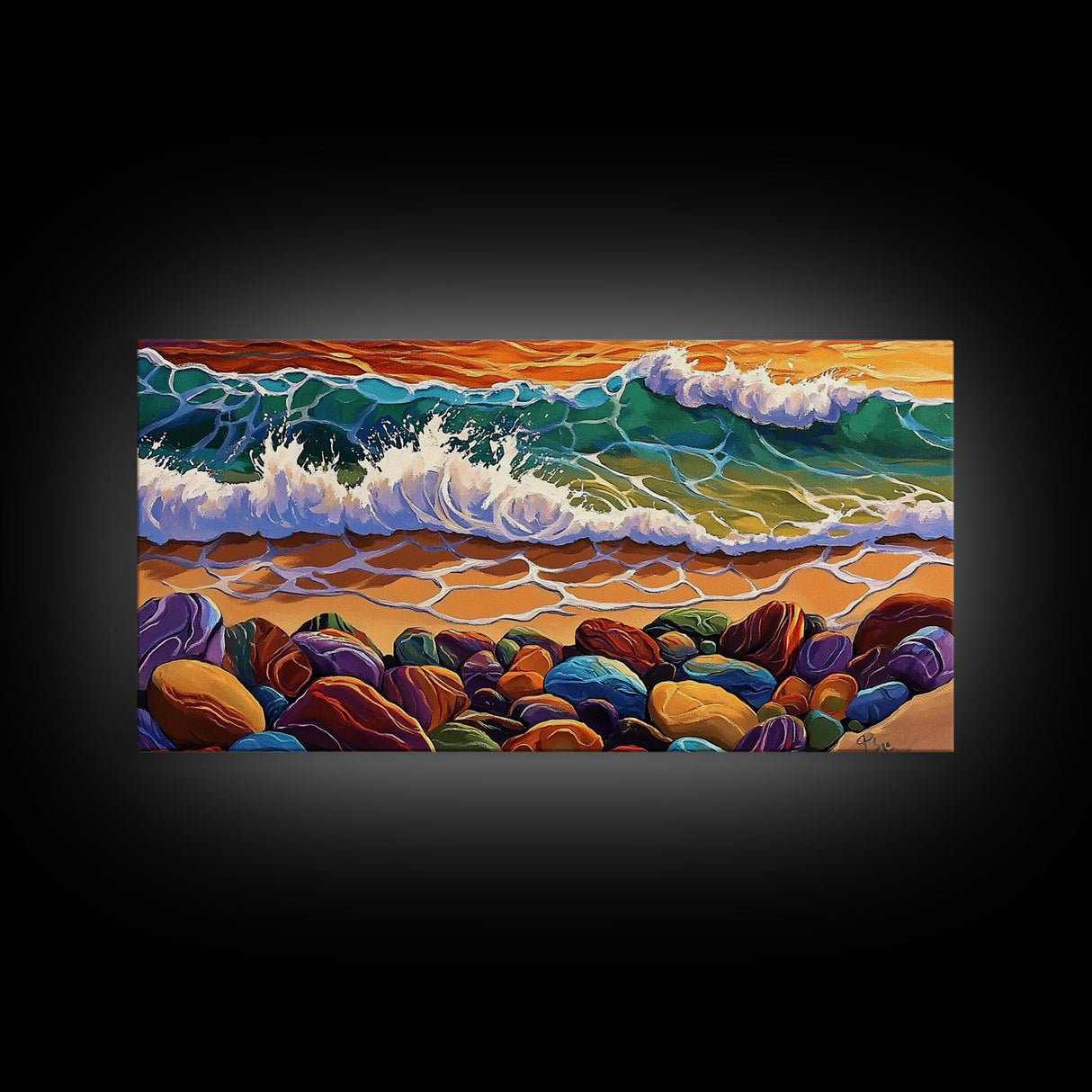 Colorful Ocean, Stones, Framed Canvas Print, Sunset wave beach scene, Living Room Wall Art, coastal decor, boho landscape painting