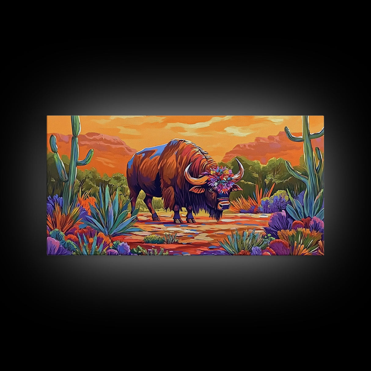 Buffalo Desert, Flowers, Canvas Print, Western buffalo art, colorful desert scene, ranch decor, Office Wall Art, Autumn Wall Art