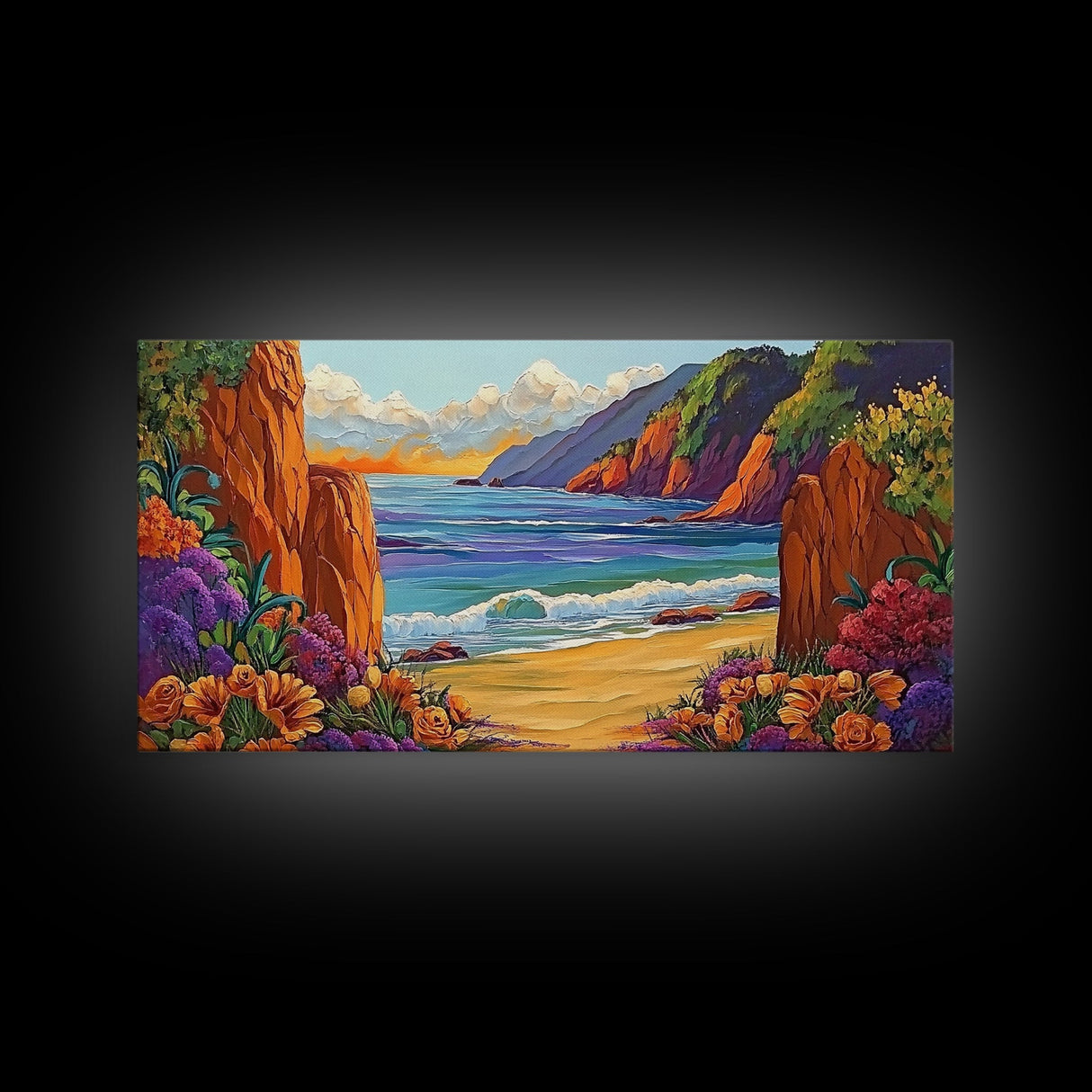 Ocean Cliffside, Flowers, Canvas Print, Colorful beachscape painting, Bathroom Wall Art, vibrant coastal decor,beach flower wall art