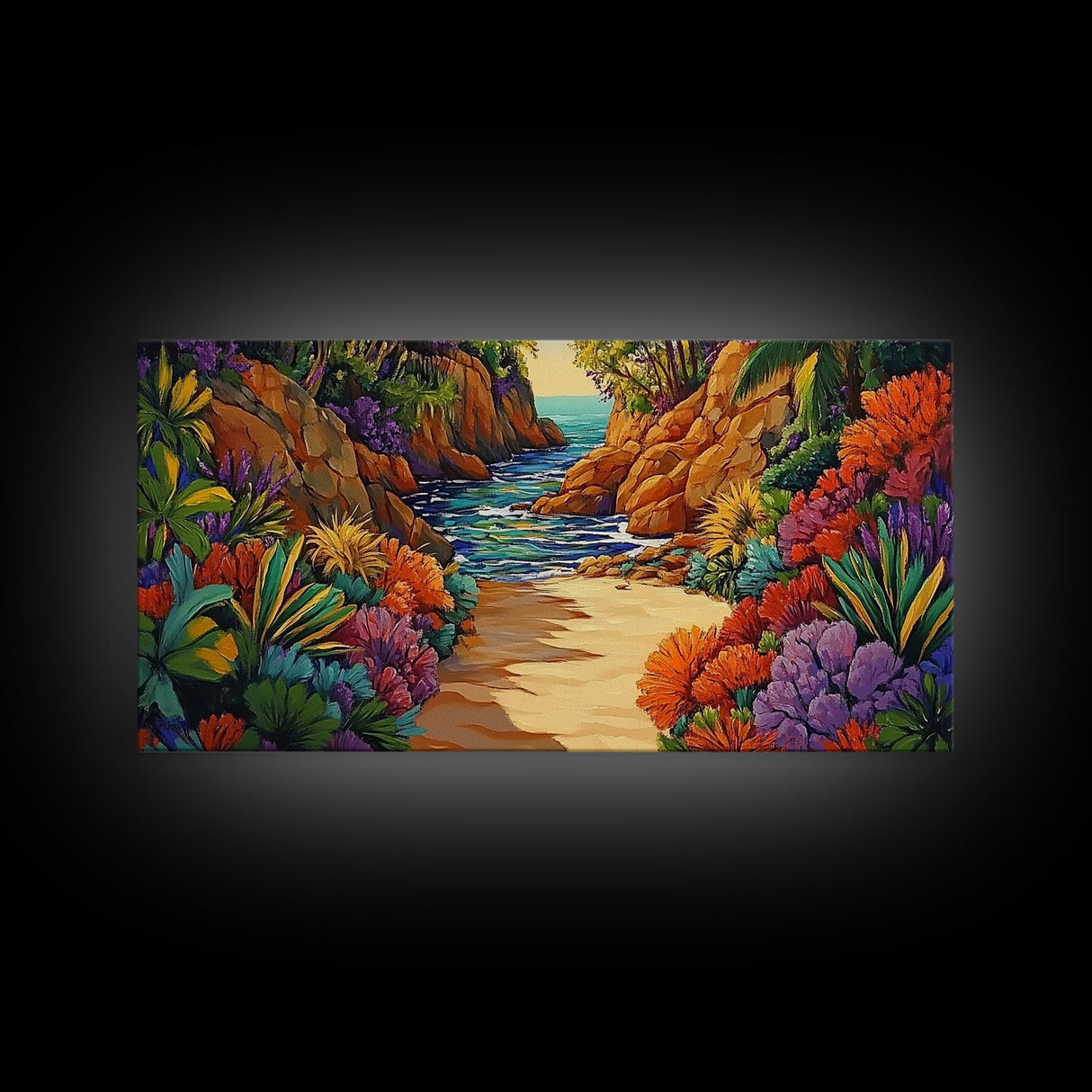 Jungle Cove, Bright, Canvas Print, Lush tropical jungle path to sea, Dining Room Wall Art, nature artwork, bohemian coastal print