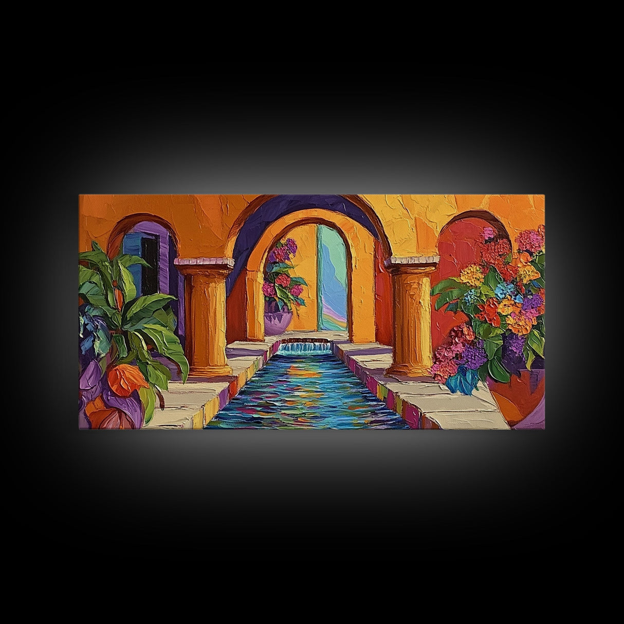 Courtyard Fountain, Colorful, Mediterranean, Framed Canvas Print, Spanish Style Art, Hallway Wall Decor, Bold Architecture Painting