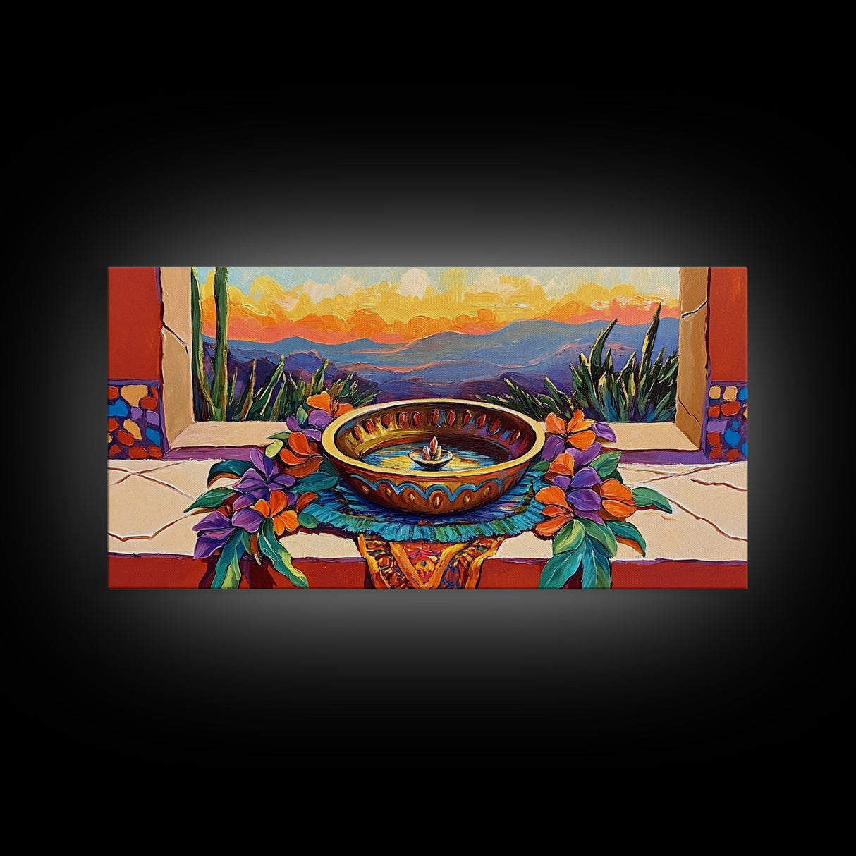 Fountain Sunset Flowers, Serenity, Framed Canvas Print, Southwestern Wall Art, Boho Vibe, Tranquil Home Decor, Kitchen or Entryway Art
