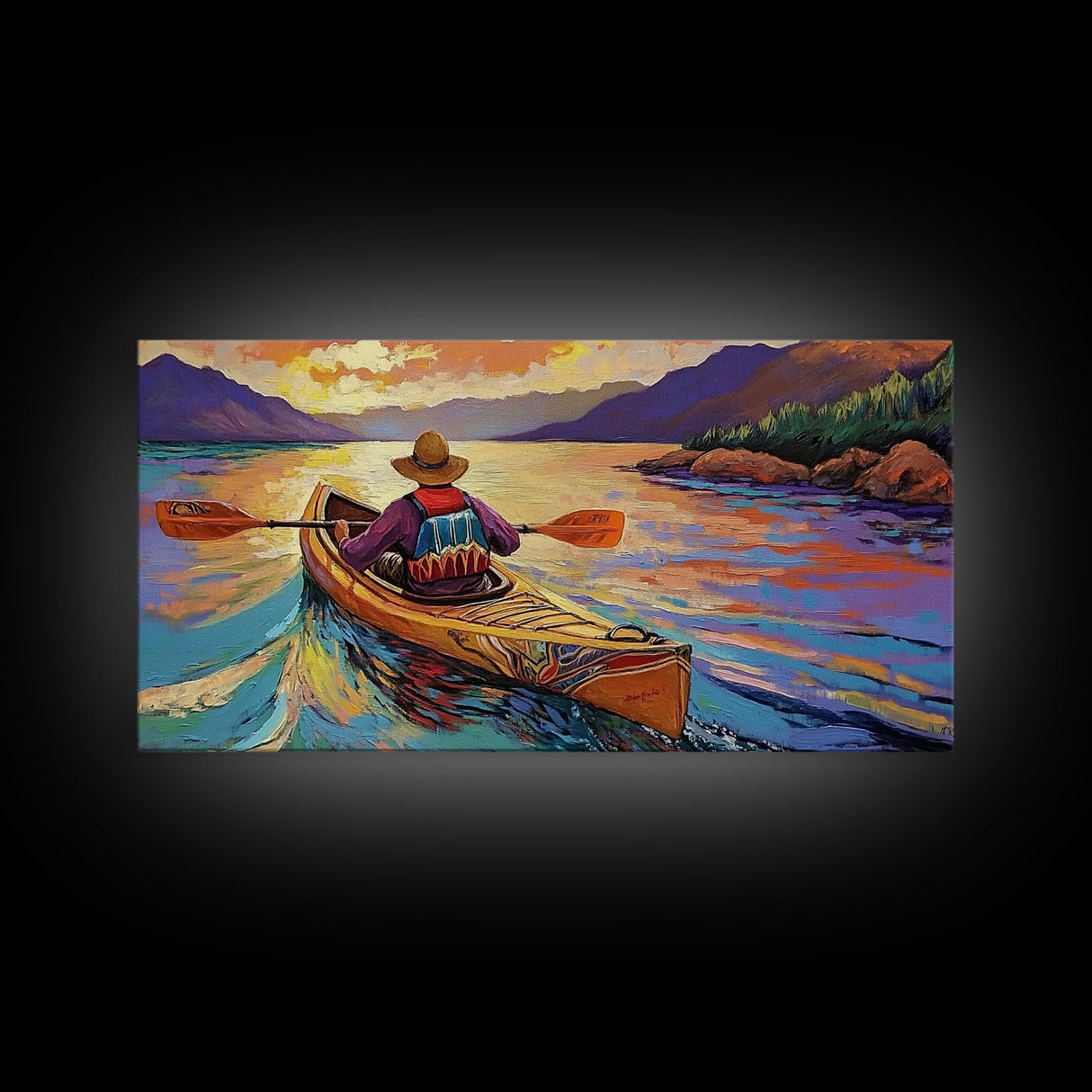 Kayaker Sunset, Mountains, Adventure, Framed Canvas Print, Lake Wall Art, Outdoor Lover Gift, Autumn Adventure Decor, Man Cave Wall Art