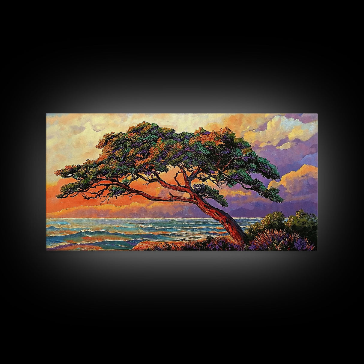 Tree Coast, Storm, Drama, Framed Canvas Print ocean pine tree artwork, landscape wall decor, moody nature art, living room accent
