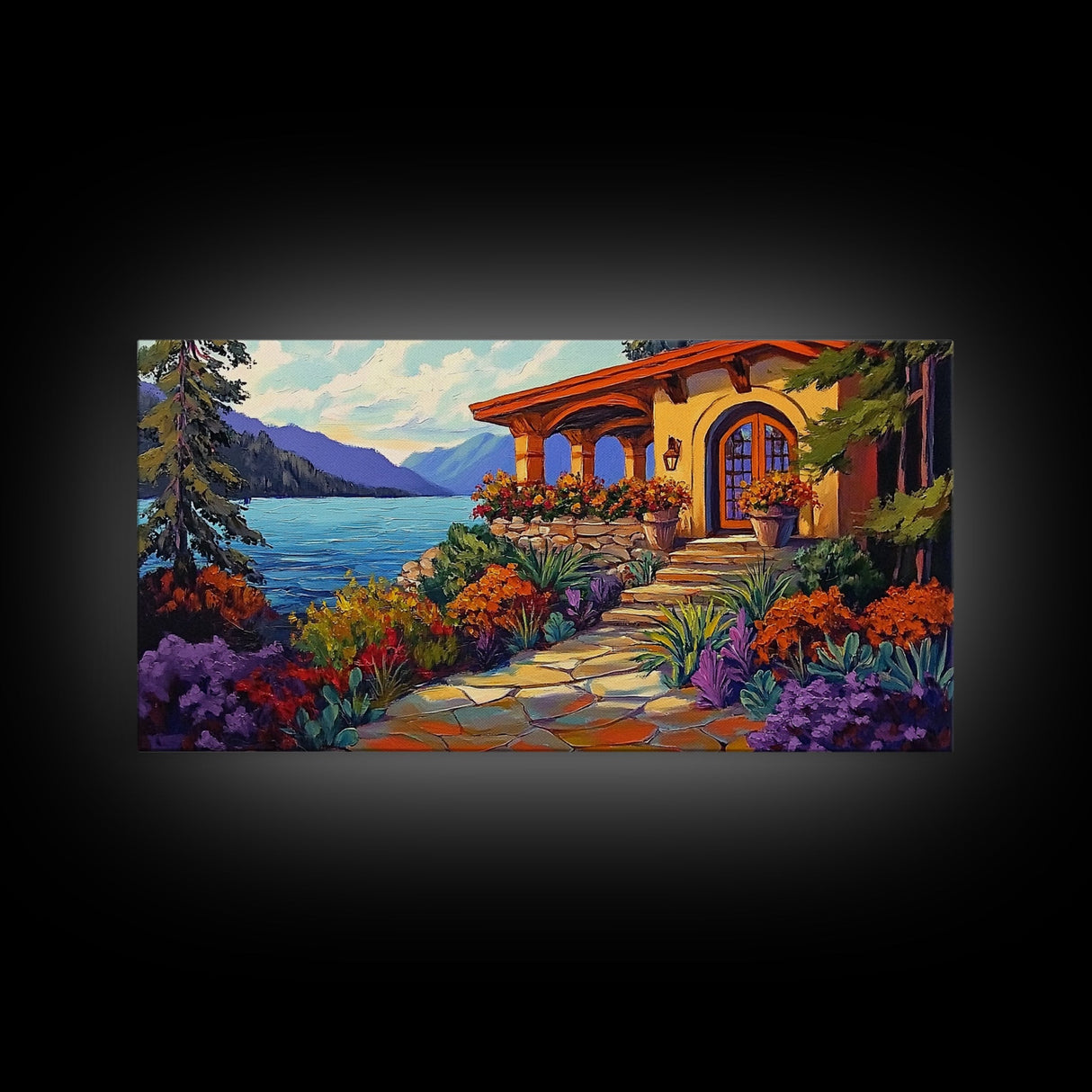 Lake Cabin, Garden, Pathway, Framed Canvas Print lakeside retreat artwork, rustic home wall art, cozy landscape scene, autumn print