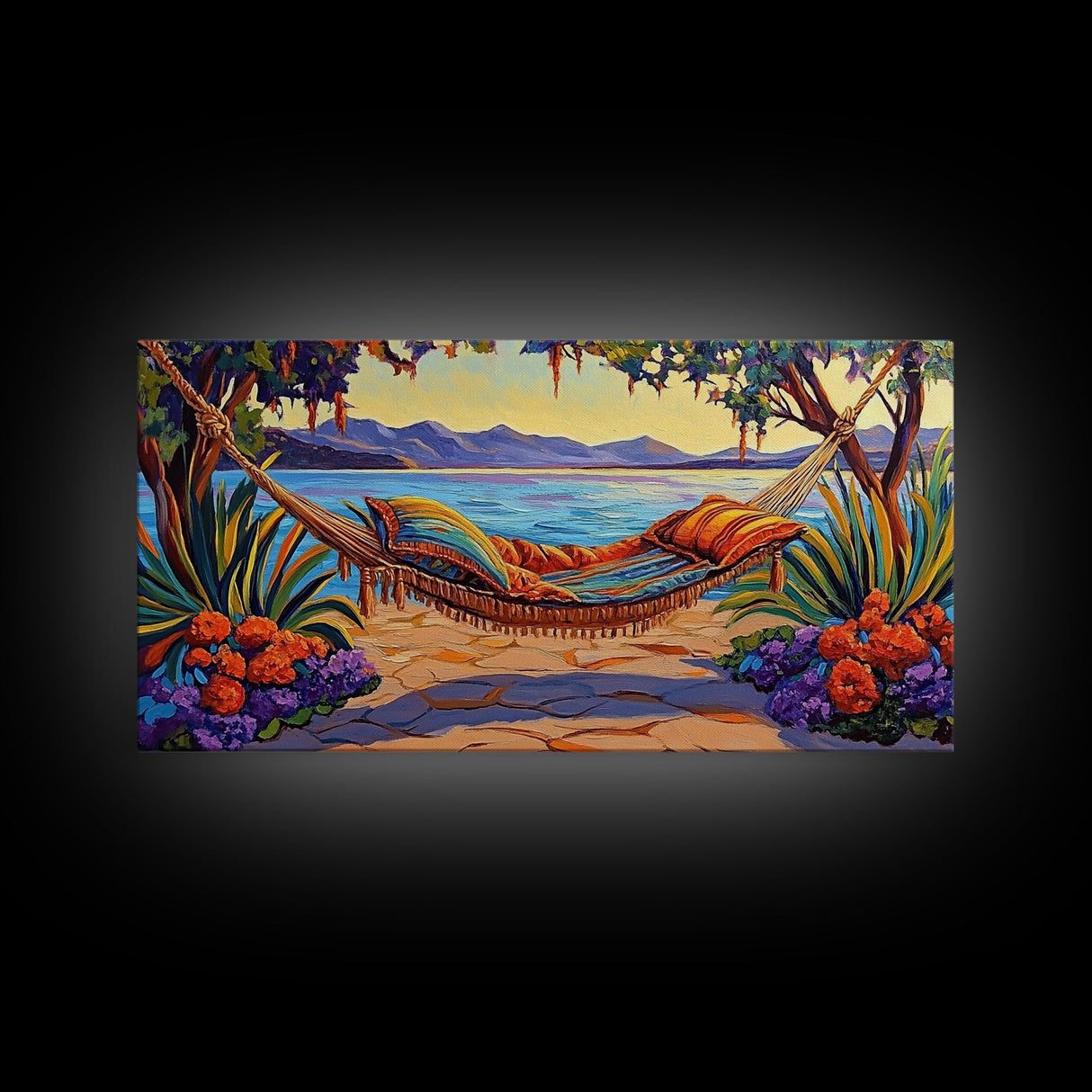 Hammock Lake, Relax, Peace, Framed Canvas Print tropical lakeside retreat artwork, relaxing boho bedroom art, beachy summer decor